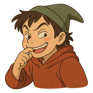 ghibli style sneaky character biting a finger, playful and expressive sticker