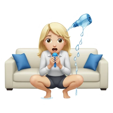 cartoonish blond woman sitting on her knees with surprised expression, wide cartoonish stick with a D-shaped knob coming out of a pair of pants hanging in front of her face, water stream squirting from the flat side of the knob into her open mouth, white couch in the background sticker