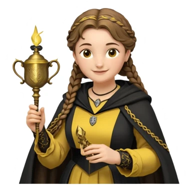 Helga Hufflepuff,the Hogwarts founder of Hufflepuff,brown-haired,2braids,yellow-black medieval dress with black cloak decorated with gold braiding,flickering magic wand and tiny two-handled shiny gold cup engraved with the badger silhouette,very kind smile,curvy busty sweet sticker