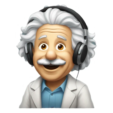 albert einstein happy listening music with wireless headphones while sitting on the chair sticker