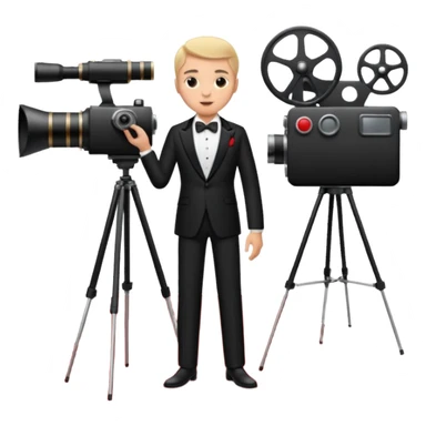 an actor standing on a red carpet with a formal tuxedo, with only one movie camera on a tripod next to him. sticker