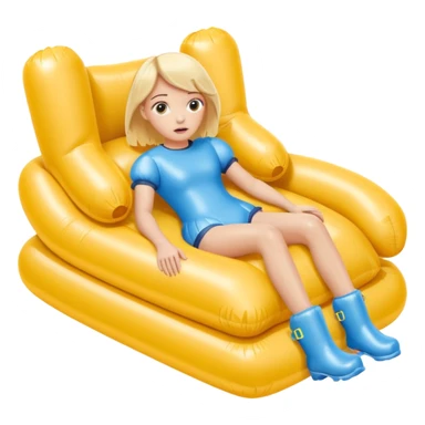 chica rubia con cara de miedo con unas botas de presoterapia gigantes inflables tirada en una cama amarilla sticker