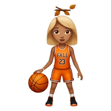 apple style emoji of a basketball girl player with autumn leaves, representing 'Fall Fadeaway' for October sticker