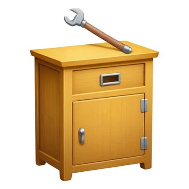 Compact emoji-style icon showing a small wooden cabinet with one door slightly open, a hammer resting beside it, and a plank of wood leaning in the background. Light brown wood tones, silver hammer head, yellow handle. Soft shadows, clean glossy look.  sticker