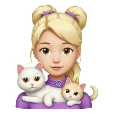 a girl with a ponytail, blonde hair, a white fluffy cat lying on her left shoulder and neck, emoji style sticker