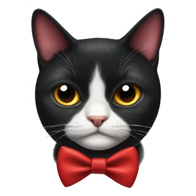 Grumpy black cat with white triangle marking under chin, wearing a red bow tie  sticker