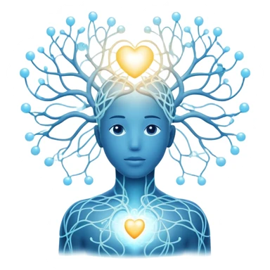 human silhouette with glowing nodes at head and heart, interconnected by flowing lines and floating orbs, soft white-blue light sticker