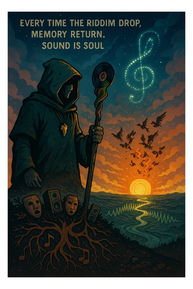 Create a mythical, animated-style poster set in a timeless world where sound is sacred. At the center, a hooded guardian of rhythm stands on a hill, overlooking a vast land shaped like a giant soundwave.

He holds a staff made of melted vinyl records, glowing with faint reggae colours — red, gold, and green. Around his neck is a lion’s fang pendant, and behind him, a swirling constellation shaped like a treble clef lights the sky.

From the earth, roots twist upward into musical notes, connecting instruments, speakers, and ancestral masks half-buried in the soil.

A flock of birds made from broken headphones and fire rises from the horizon — flying toward a glowing sun that pulses like a subwoofer.

Below, scattered across the valley, are tiny glowing embers — each one representing a soul still dancing, still alive.

In the sky, faint words form from the clouds:
“Every time the riddim drop, memory return. Sound is soul.”

The artwork should feel ancient, futuristic, and sacredly street — part graffiti, part prophecy, part roots revival. sticker