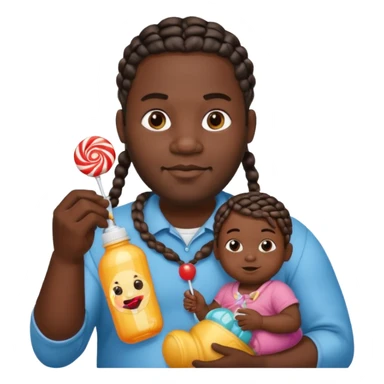 Big black man with braids hold a  baby bottle and a lollipop sticker