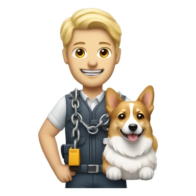 white hear blond engineer with a corgi dog which is holding chain sticker