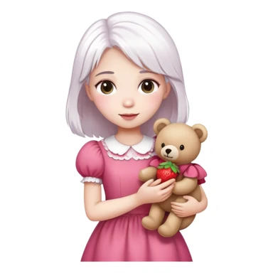 girl with white hair holding a strawberry wearing a pink dress holding a teddy bear sticker