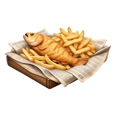 Fish and Chips Cinematic Realistic Fish and Chips Dish Emoji, depicted as a crispy battered fish fillet and golden chips served in traditional newspaper wrapping, rendered with lifelike textures and warm natural lighting that captures its iconic British street food charm  . sticker