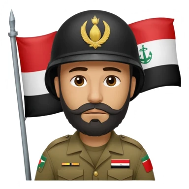 A tired, swarthy Iraqi soldier with a beard, an Iraqi flag on his helmet, a sad expression and bags under his eyes sticker