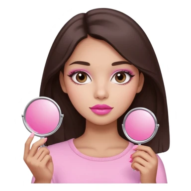 A dark brown hair beautiful eyes medium skin tone of girl carrying a pink mirror to her self and have lip stick on one of her hand look like pink pastel the packaging similar to Rhode lip  sticker