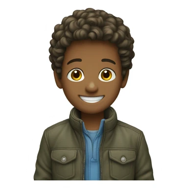 smiling boy outdoors with jacket sticker