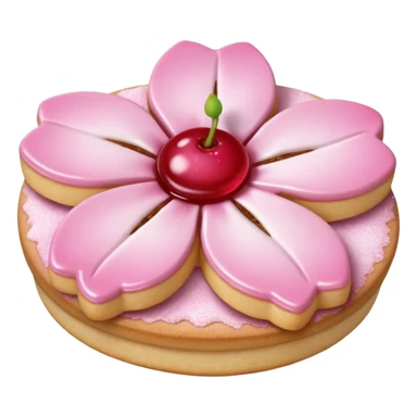 Realistic shortbread cookie in the shape of a cherry blossom with pale pink color jelly middle filling and sprinkled powder sugar on top. sticker