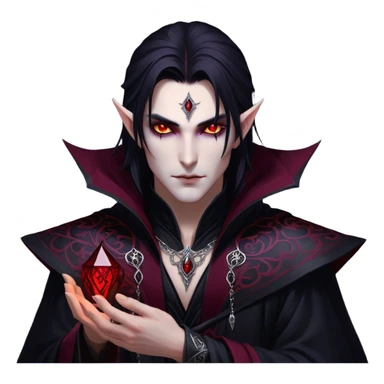 Cinematic Realistic WoW Vampire Mage Portrait, depicted with dark and mysterious elegance, wearing a flowing black robe intricately adorned with arcane silver filigree and esoteric runes. His pallid, almost ethereal skin contrasts with deep crimson, mesmerizing eyes, while his dark, slick hair falls in sleek strands. Rendered with lifelike texture and moody, dramatic lighting, high shine, noble and formidable, capturing the essence of a legendary vampire mage of Azeroth. sticker