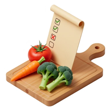 carrot tomato brocoli on the wooden cutting board with floating rolled paper list with checkbox sticker