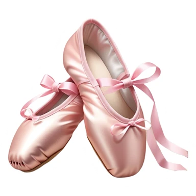 Cinematic Realistic Ballet Shoes, soft satin pink pointe shoes with delicate ribbons, resting gently on a polished wooden floor, subtle creases in the fabric, glowing under the warm golden light of a rehearsal studio, evoking elegance and grace. sticker
