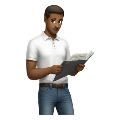 brunette man wearing red polo overtop a white shirt and really baggy jeans looking at records sticker