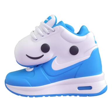 white and blue Nike sneaker, with a cute face, playful look, 3D emoji style sticker