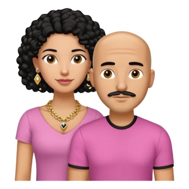 A picture if a couple. the man is a Mexican man with tanned skin, black hair, a bald hair cut, short boxed beard, and wearing a black shirt. the woman is mixed with black and white, with brown curly long hair, gold diamond earrings, a gold chain necklace and wearing a pink shirt on with big boobs sticker