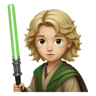 Young jedi with dirty blonde wavy hair holding a green lightsaber sticker