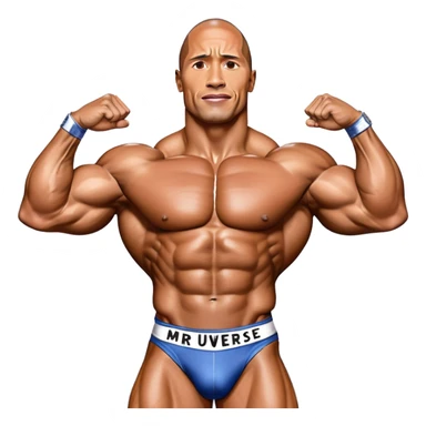 Dwayne Johnson, oiled and posing at the Mr. Universe bodybuilding championship, showcasing his muscular physique in an iconic display of strength. The background features the stage with judges and audience, capturing the intensity and prestige of the competition. Transparent background. sticker