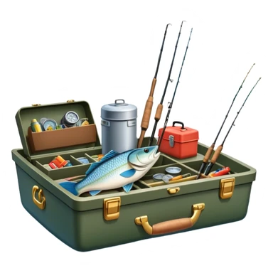 Icon for Fishing: a boat on the shore of a peaceful water body with a beautiful natural landscape, a fishing tackle box, a spinning rod. The icon should capture the tranquility and gear of a fishing adventure. Without frame. Transparent background. sticker