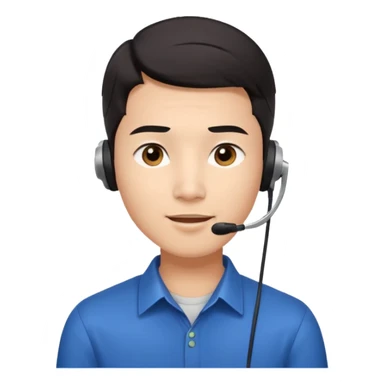 A young Asian man with smooth light skin, dark hair that swoops upward in the front, expressive eyes, a clean-shaven face, and a call-center style headset over one ear, flamboyent  sticker