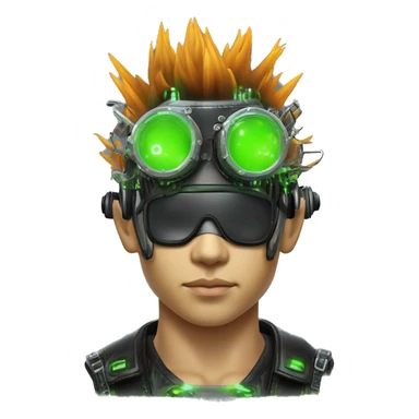 Mohawk hair with neon green highlights Asian male cyborg head with neon silver steampunk goggles and circuits sticker