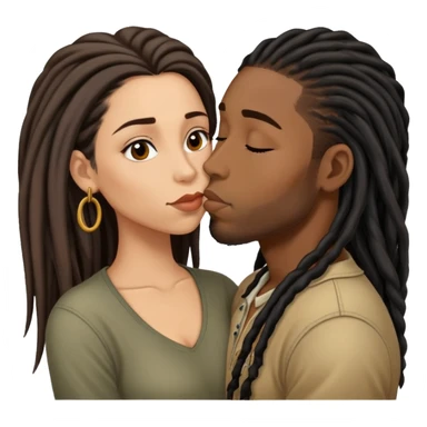 Latina Woman with long hair kissing a young black guy with dreads chin hair sticker