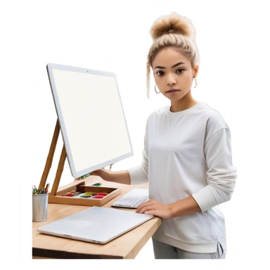 A person is **standing up from their desk**, a determined look on their face. In front of them is a **blank canvas, an open laptop, or a workbench**—a symbol of **taking action**. Their **future self**, glowing with confidence, is **guiding their hands as they type, paint, build, or create something sticker