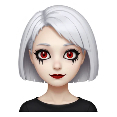 Afemale, unnatural eye color with veiny eyes, sickly skin texture combined with an unnatural creepy smile, liminal setting that feels wrong, uncanny eerie art style, scary femme fatale, bob cut, mole under eye, white hair, red iris, black mascara, black eyeshadow, Gothic white skin, sticker