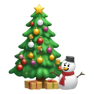 Christmas tree with snow man putting on ornaments  sticker