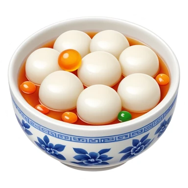 Lantern Festival tangyuan sweet rice balls in syrup with festive elements, simplified emoji style with bold outlines and bright colors, cartoon style colorful glutinous rice balls sticker