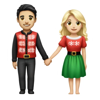 A couple (a handsome young Italian guy with black hair, pretty German/English girl with blonde hair) holding hands wearing Christmas outfits sticker