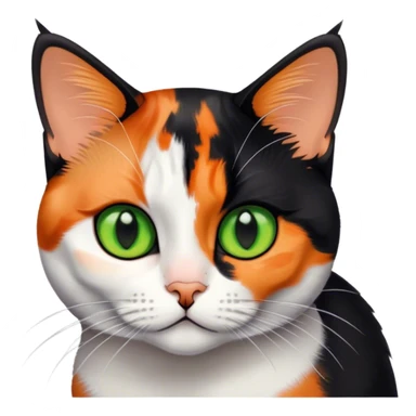 American shorthair calico cat with big green eyes and black fur on the right side of their face and orange on the left side sitting down sticker