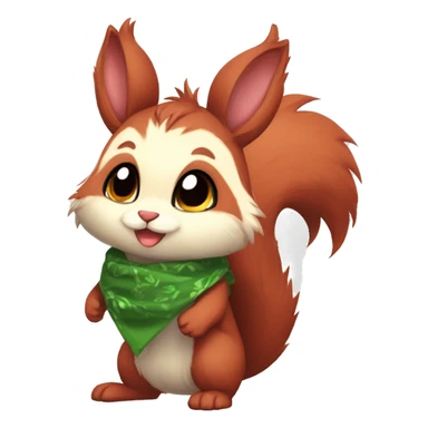 Cute, Chibi, chubby, fluffy, Kemono-style, Anthro, Fur-Sona, Dark-Red, Squirrel-Rabbit-hybrid-Fakémon, with a green bandana, full body sticker