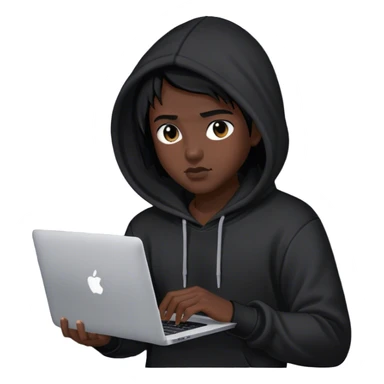 hackeur cheveux noir et capuche noiravec un macbook sticker
