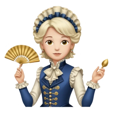 An emoji portrait of a French aristocrat. He wears a powdered wig and a silk waistcoat with a ruffled jabot. His expression is poised and refined, and he holds a fan. sticker