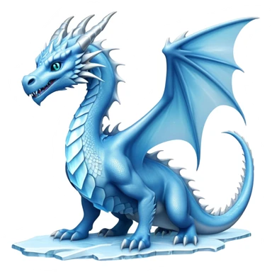 Cinematic Noble elegant Ice Dragon full body Emoji, Poised and imposing, distinct long elegant snout, with a slender, scaled body shimmering in glacial hues of icy blue, frostbitten silver, and crystalline white, breathing out frost, with piercing, glowing eyes that radiate the chilling depths of an arctic storm; rendered in detail. displaying its wings sticker