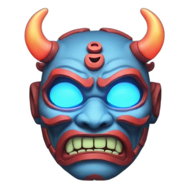 ONI MASK blue color,eyes glowing neon, japanese sticker