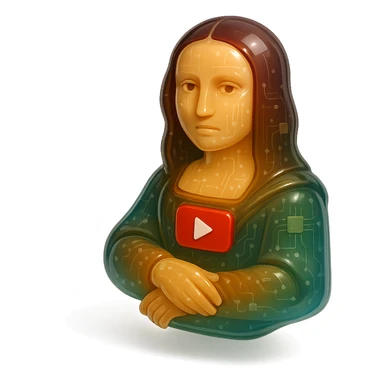 Mona Lisa with a calm or blank expression, no grin or sarcasm, red YouTube play button, glossy circuit style sticker