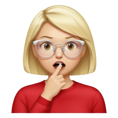 emoji style, side view woman with light skin, blonde bob hair, white cat-eye glasses, red shirt, hand cupped tightly around her mouth, hand close to nose and lips, shouting loudly, energetic expression, simple background sticker