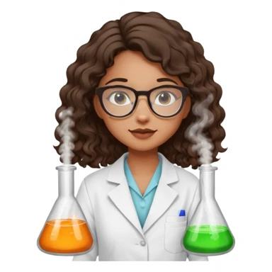 bratz doll with long loose curly dark brown hair, that reaches her lower back glasses that are round cat eye vibes, in a lab coat mixing beakers that glow shes a 4th grade girl sticker