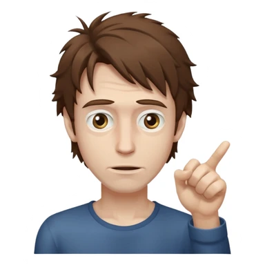 Weak man with disheveled hair pointing to his right sticker