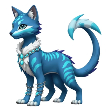 Kawaii cute Indigo Turquoise Grey beautiful pretty elegant divine edgy feline-vernid-sergal-Fakémon-Pokémon-Digimon-fursona-animal-creature, full body, with intricate detailed markings, silken shawl, decorative anklets sticker