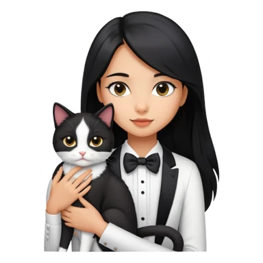 A beautiful girl with long black hair wearing a white short-sleeved shirt hugs a tuxedo cat sticker