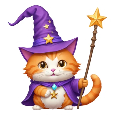 Orange cat wearing a purple wizard hat and holding a magic wand with a star at the tip sticker